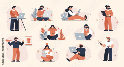 Diverse individuals engaged in various activities, including using laptops and holding objects