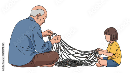 Passing Down the Legacy: An old man meticulously repairs a fishing net alongside a young child, symbolizing the intergenerational transfer of skills, tradition.