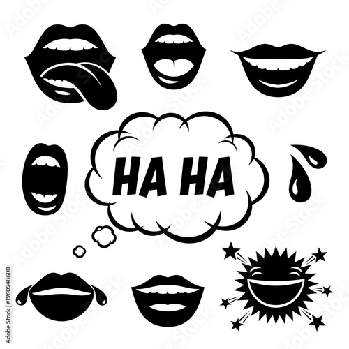 Black and white laughing mouths icons.