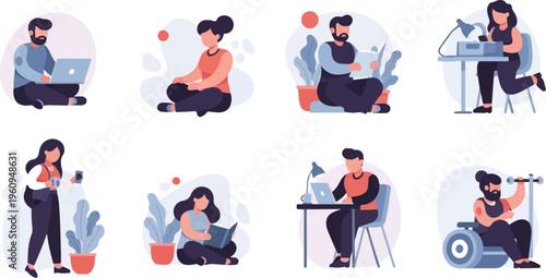 Diverse individuals engaged in various activities, from working to exercising