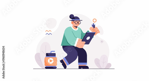 Person with tablet and stylus near a large container and abstract shapes