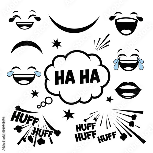 Black and white laughing emoticons stickers.