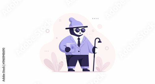 Sophisticated panda in suit holding book and cane, artfully styled