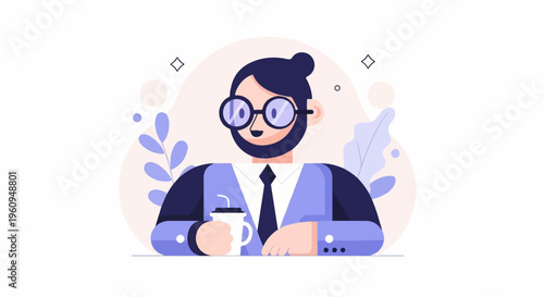 Animated man with beard, glasses, and coffee in a suit