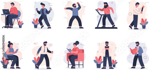 Diverse individuals engaged in various daily activities, from work and leisure to fitness and reading