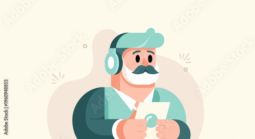 Animated man with headphones and a mustache holds a paper