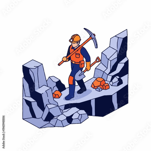 Isometric illustration of a miner with pickaxe and shovel.