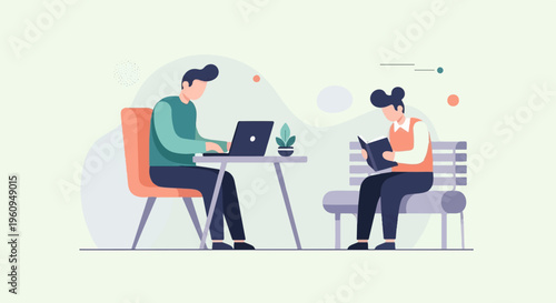 Two people are engaged in their own activities in a calm setting