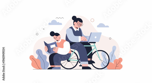 Two people, one reading a book, the other using a laptop on a bicycle