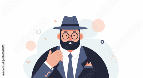 A bearded man in a fedora and suit adjusts his lapel