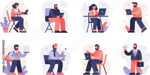 Diverse individuals engaged in various work and digital activities