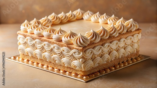 Elegant Square Cake with Swirled and Piped Frosting on a Golden Base