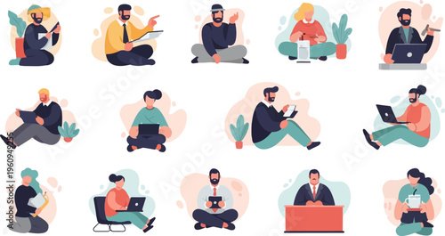 Diverse individuals engaged with devices and reading, seated on floor