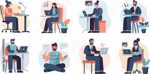 Diverse individuals work with laptops at desks in a minimalist, flat illustration style