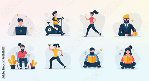 Diverse people engaged in various activities work, exercise, and reading