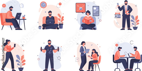 Diverse people engaged in various activities work, exercise, reading, and social interaction