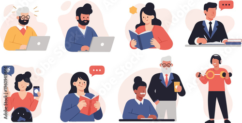 Diverse people engaged in various activities working, reading, exercising, and socializing