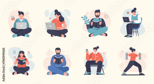 Diverse people engaged in various activities like reading, working, and exercising