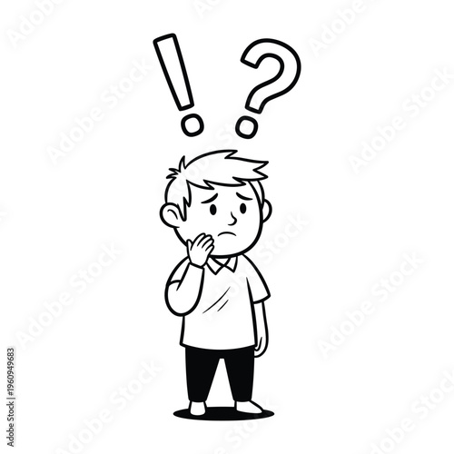 A black and white cartoon illustration of a young boy looking confused with a question mark and exclamation point above his head