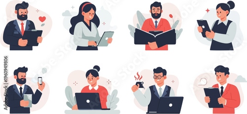 Collection of eight diverse individuals engaged in various professional activities and office tasks