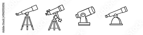 Collection of four line art telescopes on white background