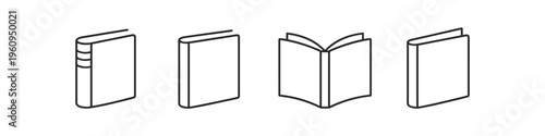 Collection of simple line art icons representing books in various states