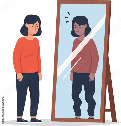 A woman stands in front of a broken mirror with a sad expression