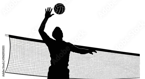 Silhouette of a volleyball player serving over the net with a ball in motion