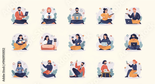 Diverse people work remotely with laptops and tablets in cozy settings