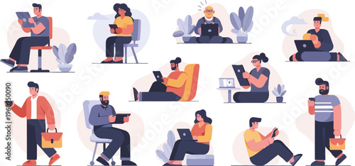 Diverse people use digital devices in various casual and work-related settings