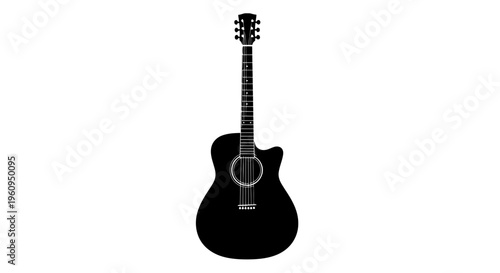 A black silhouette of an acoustic guitar on a with six strings and a round sound hole