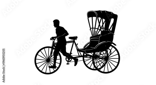 Silhouette of a man riding a rickshaw bicycle with a passenger seat