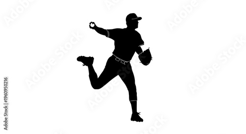 A black silhouette of a baseball player pitching with a ball and glove