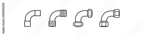 Set of four different elbow pipe fittings with various connection types