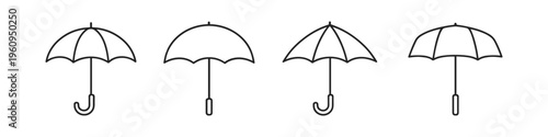Collection of four simple line art umbrellas in a row on white background