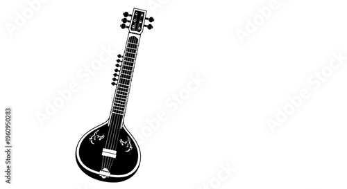 A black and white illustration of a mandolin on a with intricate designs