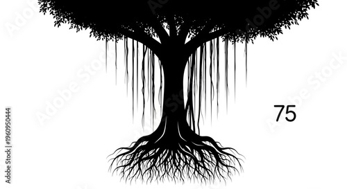 Black silhouette of a tree with exposed roots