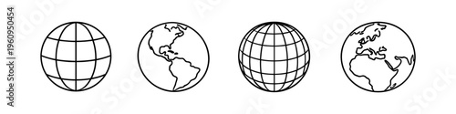 Set of four simple line art globes representing Earth and its continents