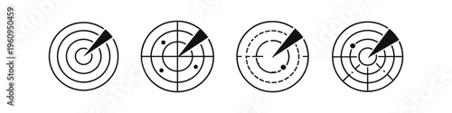 Collection of four different radar screen icons with targets and signals