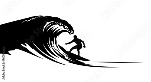 A surfer rides a large wave on the ocean in a black silhouette