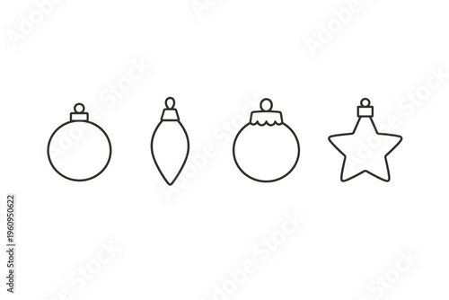 Collection of simple line art Christmas ornaments including a star and baubles