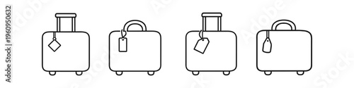 Collection of four stylized luggage icons with travel tags for journeys