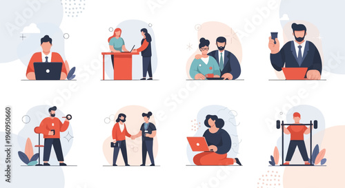 Diverse professionals engaged in work, fitness, and collaboration