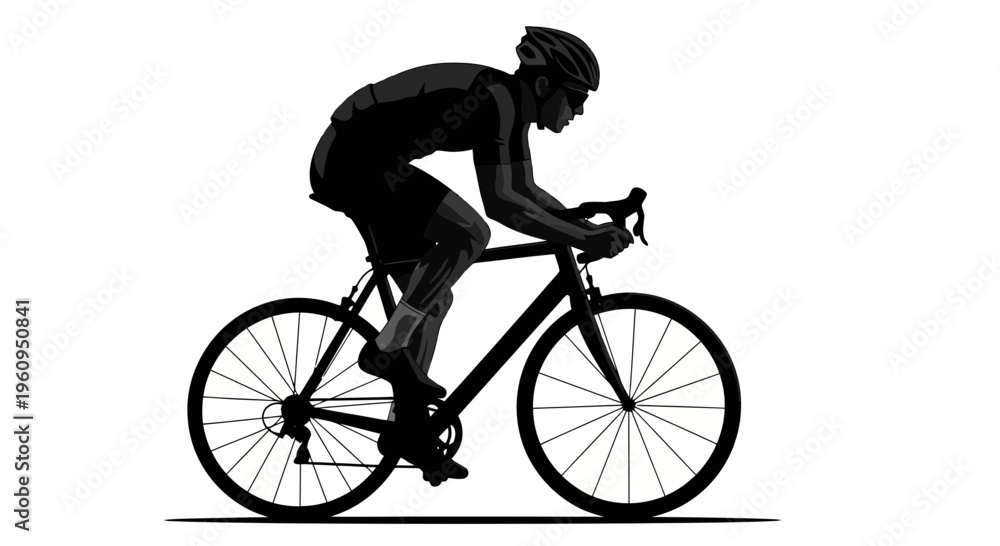 Obraz premium A black silhouette of a cyclist riding a bicycle with a helmet and wheels