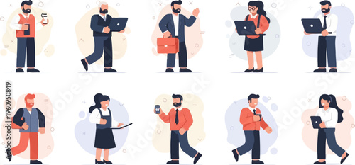 Diverse professionals using technology and carrying briefcases