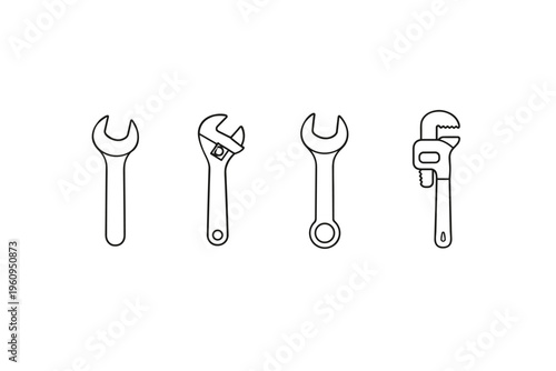 Collection of four different types of wrenches on a white background