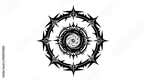 Black and White Circular Gothic Emblem with Spiky Ornate Details
