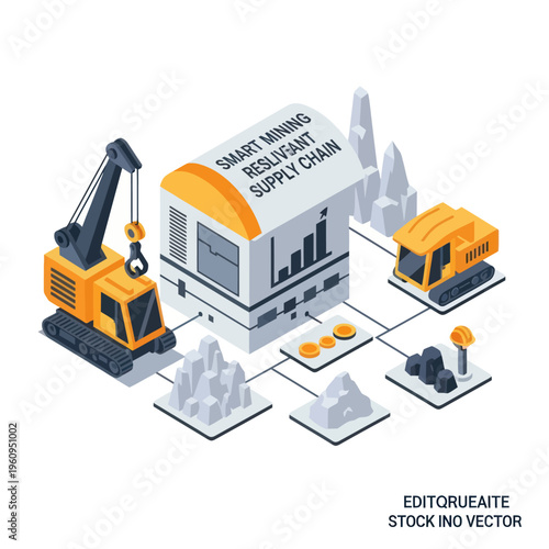 Isometric illustration of a smart mining supply chain with heavy machinery, raw materials, and digital data visualization.