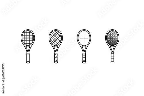 Collection of four tennis rackets with different string patterns and grip designs