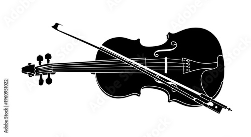 Black silhouette of a violin with bow on isolated for music or instrument concepts